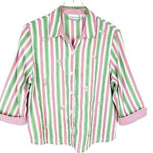 Alfred Dunner 16 L Gingham Cropped beaded striped blouse pink green Grannycore